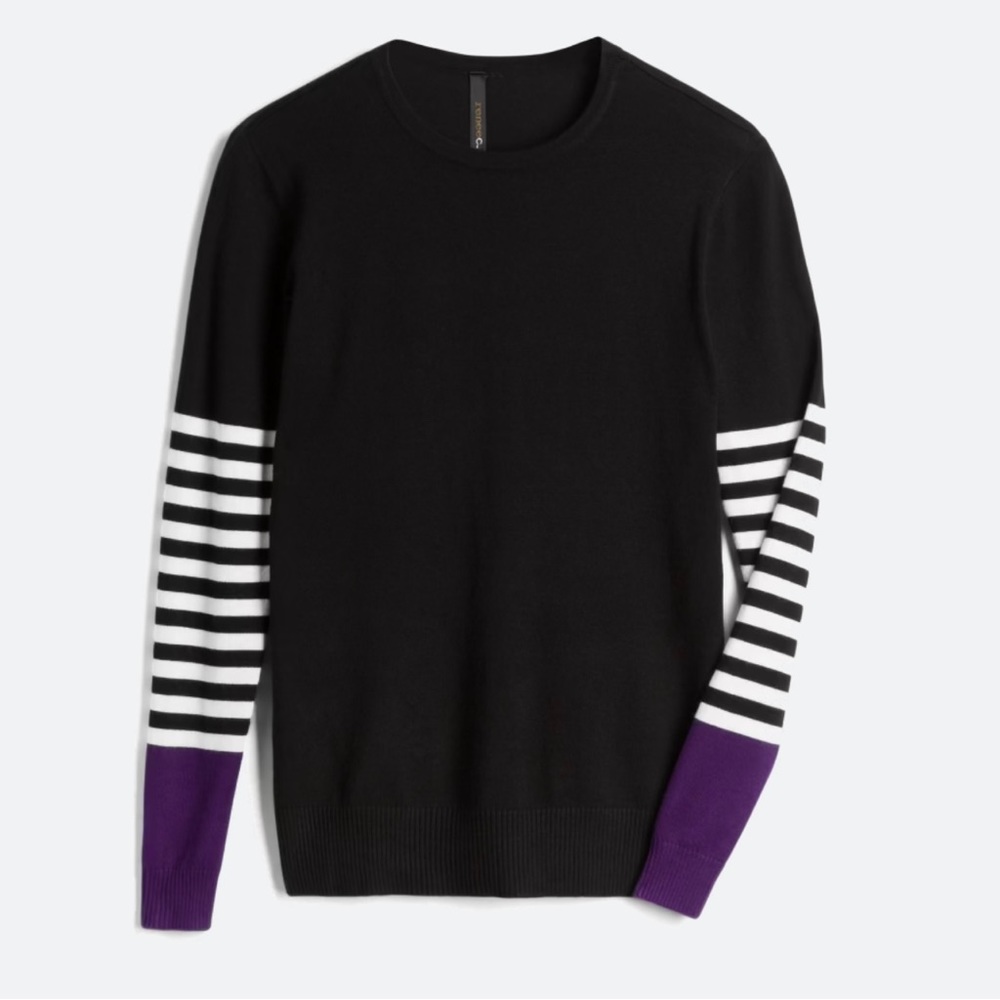 Black Pullover Sweater with Stripes and Purple Detail